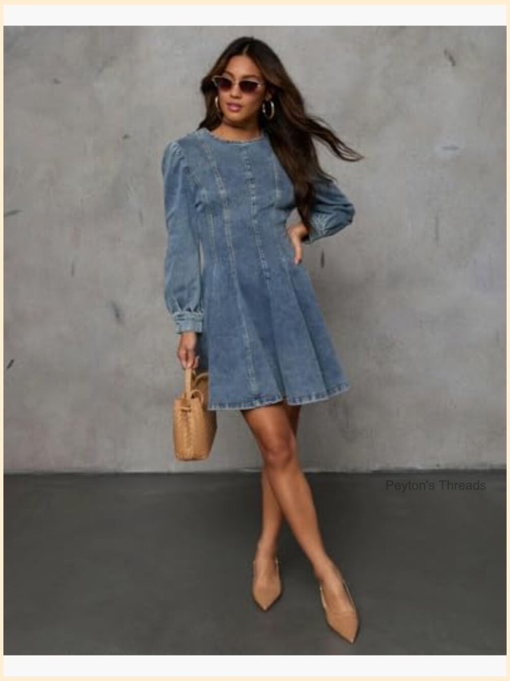 Long Sleeve Denim Mini Dress Stretchy Slim Fit Ruffle Swing A Line Jean Dress - Picture 6 of 7